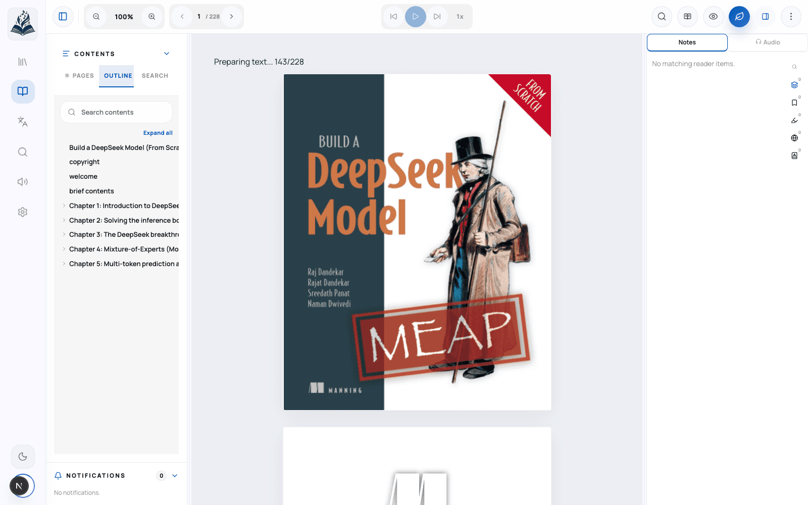 Aloud Reader notes panel beside an open PDF