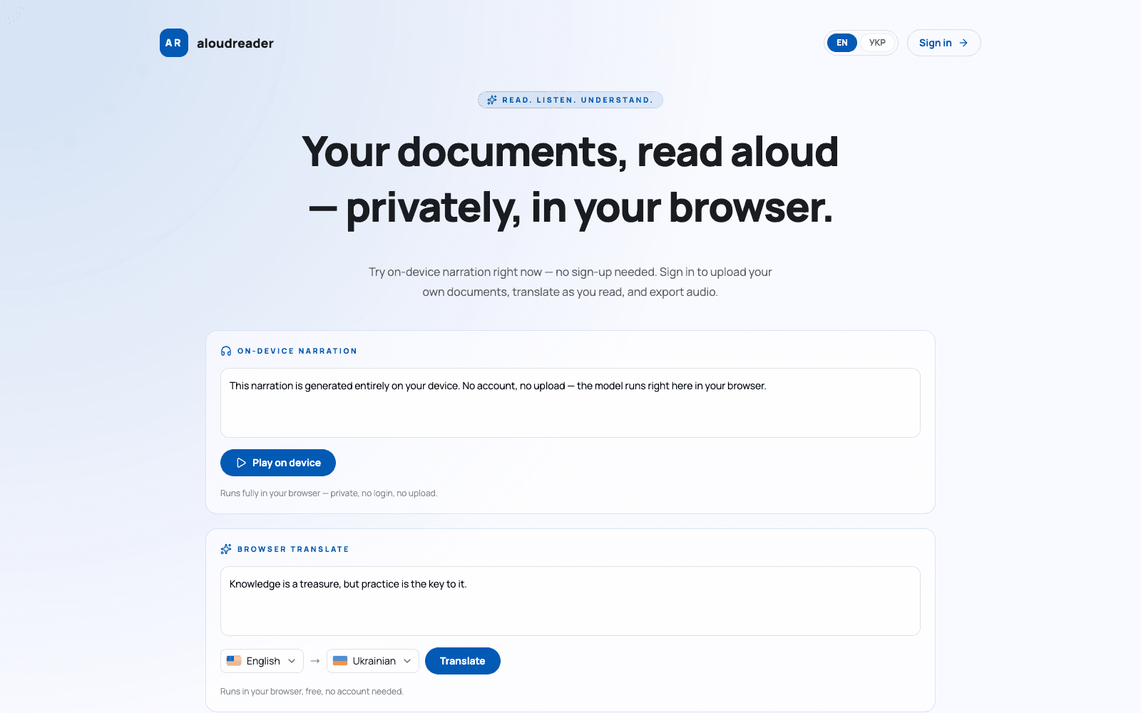 Aloud Reader browser translation interface